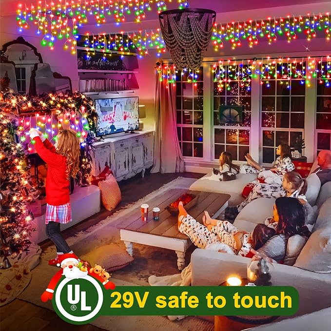 KNONEW Christmas Lights Outdoor Decorations 400 LED 33ft 8 Modes Curtain Fairy String Light with 75 Drops, Clear Wire LED String Light for Wedding Party Holiday Christmas Decorations Multicolor