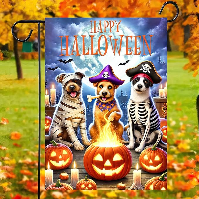 Happy Halloween Garden Flag Double Sided 12x18 Flag Halloween Puppy With Pumpkin And Bat Garden Flag Pirate Costumed Puppy For Autumn Winter Outdoor Yard Lawn Decoration Banner