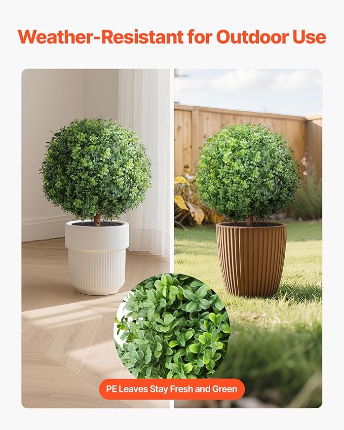 VEVOR Artificial Topiary Boxwood Trees with Ground Spike, 22 inch 2 Set Faux Shrubs & Bushes Potted Plants, Fake Silk Tree Look Real for Decor Front Porch Outdoor Indoor Patio Garden Balcony Backyard
