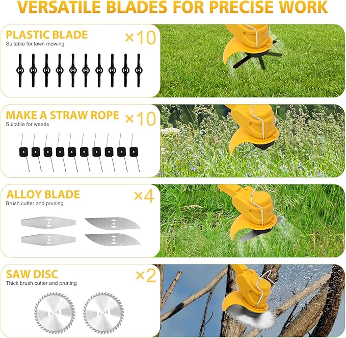 21V Electric Weed Wacker, Cordless Grass Trimmer with 2x2.0Ah Batteries & Fast Charger, Stringless Lightweight Brush Cutter/Edger/Mower/Trimmer with 4 Types Blade for Yard & Garden