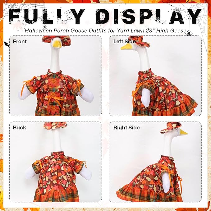 Fall Porch Goose Outfit Set for 23'' Plastic Statue Lawn Porch Goose Clothes with Thanksgiving Day Maple Leaf Skirt Hat Costume for Indoor Outdoor Patio Yard Lawn Art Decor