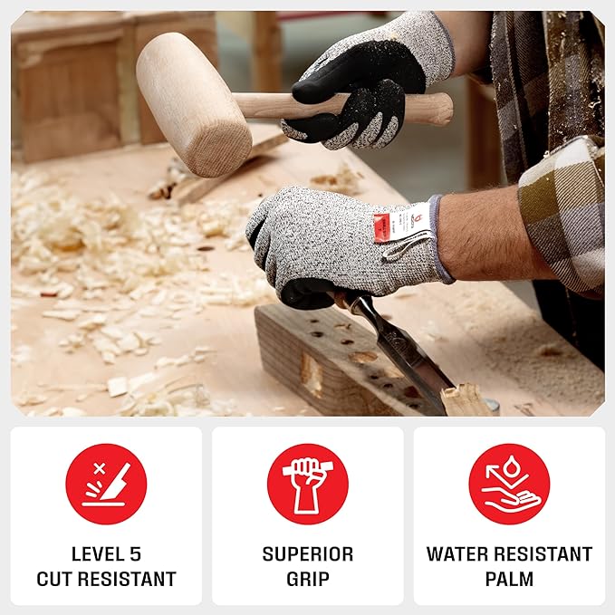 NoCry Professional Cut Resistant Work Gloves for Men and Women with Firm Grip and Waterproof Palms — Touchscreen Tips & Reinforced Thumb — Ideal for Cutting, Slicing and Dicing