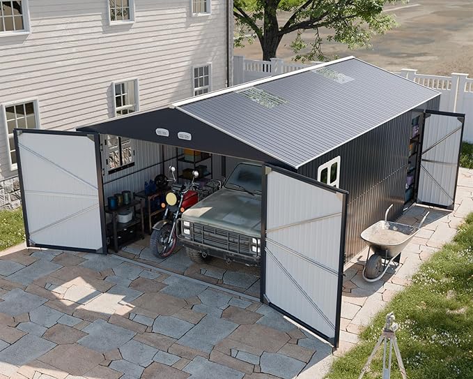 Metal Garage Shed for Car with Floor Kit, 13x20x8.5' Large Outdoor Storage Building and Workshop, Weatherproof Steel Carport with Ultra-Reinforced Truss System, Skylights & Dual-Entry