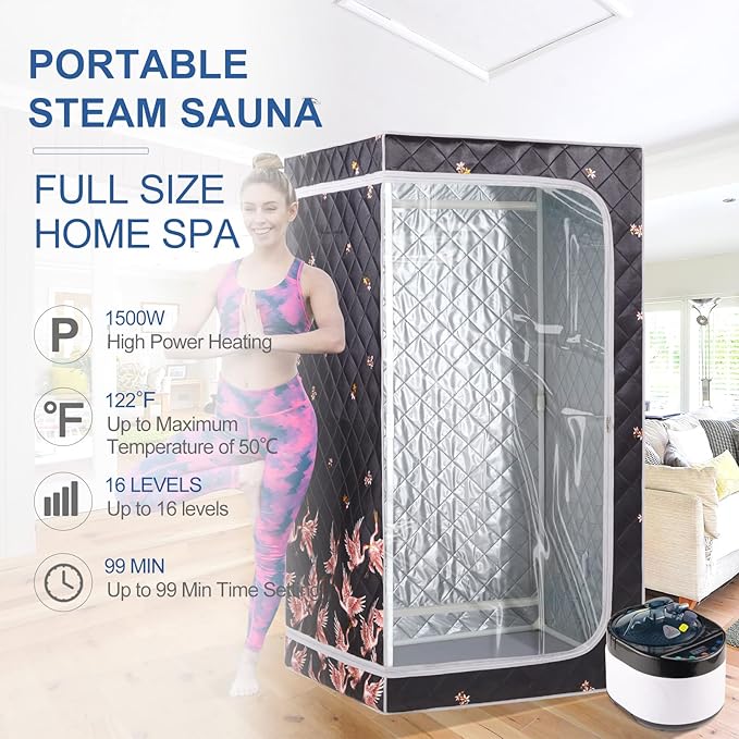 ZONEMEL Full Size Portable Steam Sauna, Personal Home Spa, 1500 Watt 4 Liter Steamer with Remote Control, Timer, Foldable Chair (L 33.8" x W 33.8" x H 65.7",Crane1)