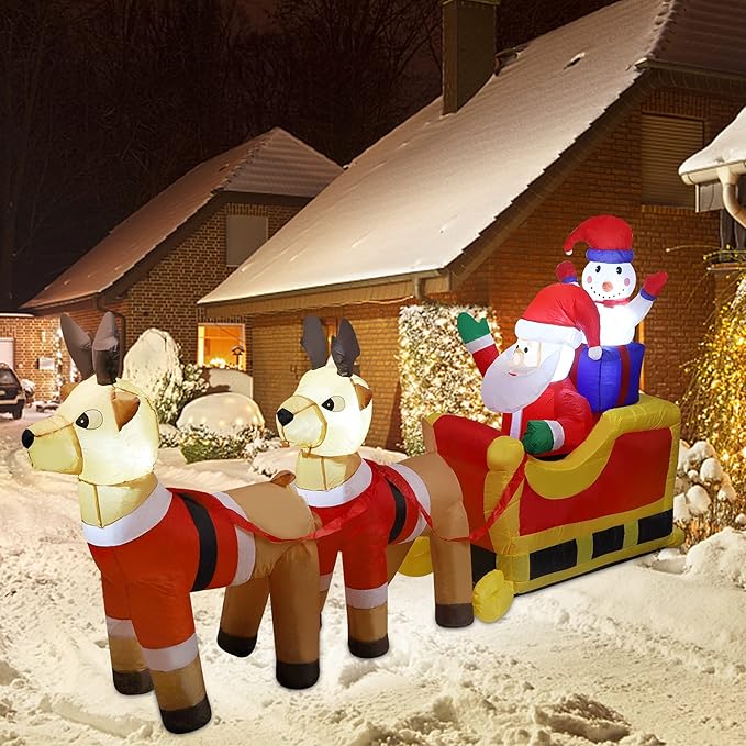 8ft Long Christmas Inflatable Santa Claus & Snowman on Sleigh with Reindeers, Xmas Blow up Yard Decorations with Built-in LED Lights for Outdoor Garden Lawn Xmas Holiday Decor