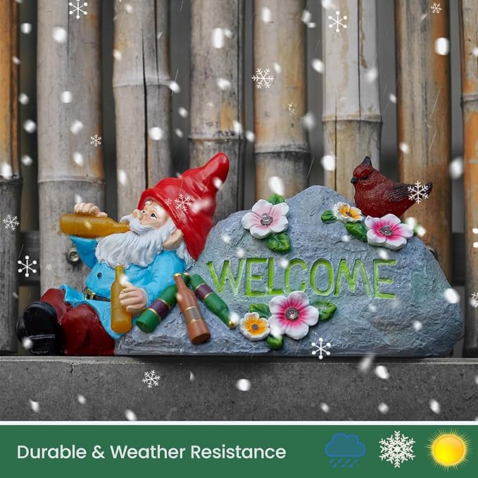 Funny Garden Gnomes Statue with Welcome, Solar Outdoor Gnomes Decorations for Yard, Patio, Lawn, Fathers Day Birthday Housewaming Gifts for Dad, Men, Husband, Grandpa, 11.8 Inch, Resin