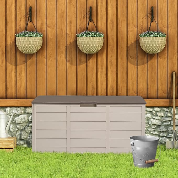 75 Gallon Resin Deck Box, Waterproof Outdoor Storage Box with Wheels, Lockable Lid and Handles, Large Deck Storage for Outdoor Gear, Patio Furniture Cushion, Gardening Tools, Brown