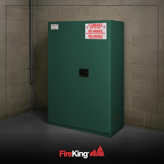 FireKing Green Flammable Safety Cabinet, Pesticides Flammable Storage Cabinet, 45 Gallon Steel Safety Cabinets with Manual Door for Commercial, Industrial & Home Use, 43" x 18" x 65"