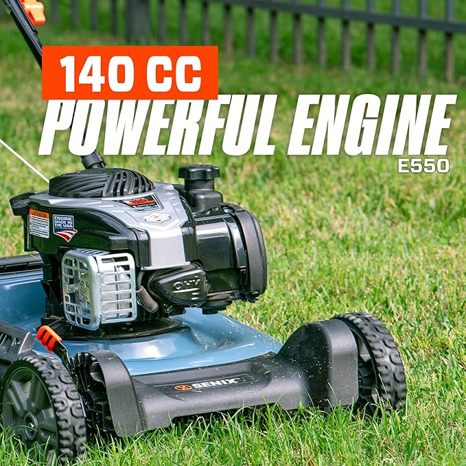 SENIX LSPG-M7 21'' Gas Push Lawn Mower, with 140 cc 4-Cycle Briggs & Stratton Engine, 3-in-1 Bagging, Mulching, and Side Discharge, 6-Position Dual Lever Height Adjustment, 16 Gallon Grass Bag