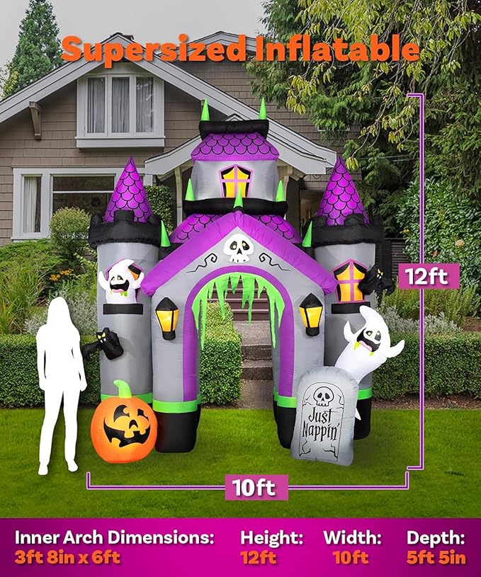 12FT Tall Halloween Inflatable Haunted House Castle, Halloween Blow Up Haunted House Inflatables Built-in 12 Bright LEDs for Halloween Inflatable Outdoor Yard Lawn Garden Decoration
