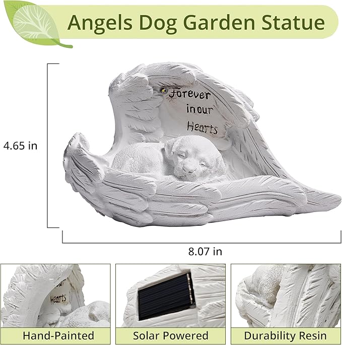 Pet Dog Solar Garden Memorial Statue – Outdoor Resin Angel Puppy with Solar Light, Guardian Angel Dog Memorial Gift for Patio, Lawn, Yard, or Garden Decor