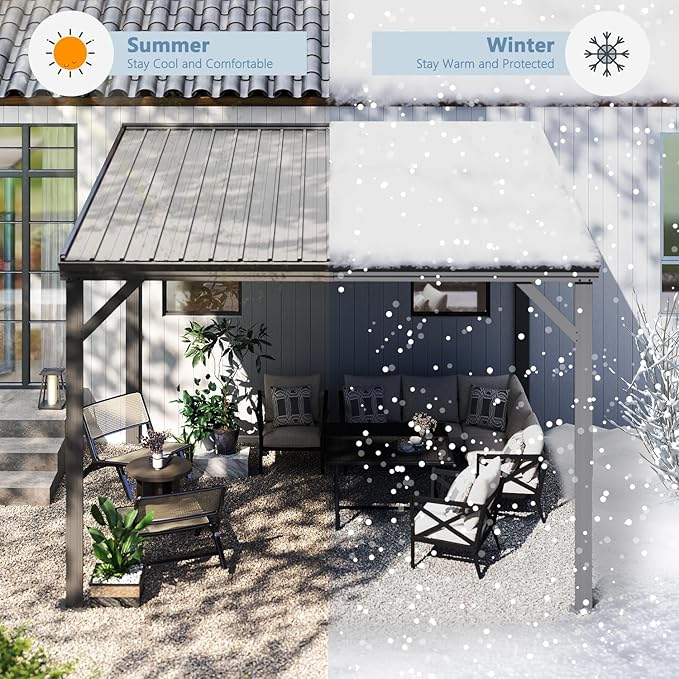 Domi 10’x10’ Wall-Mounted Hardtop Gazebo Pergola – Permanent Lean-to Outdoor Shelter with Sloped Galvanized Steel Roof & Upgraded Drainage – Grey Metal Patio Cover for Backyard, Deck, Garden