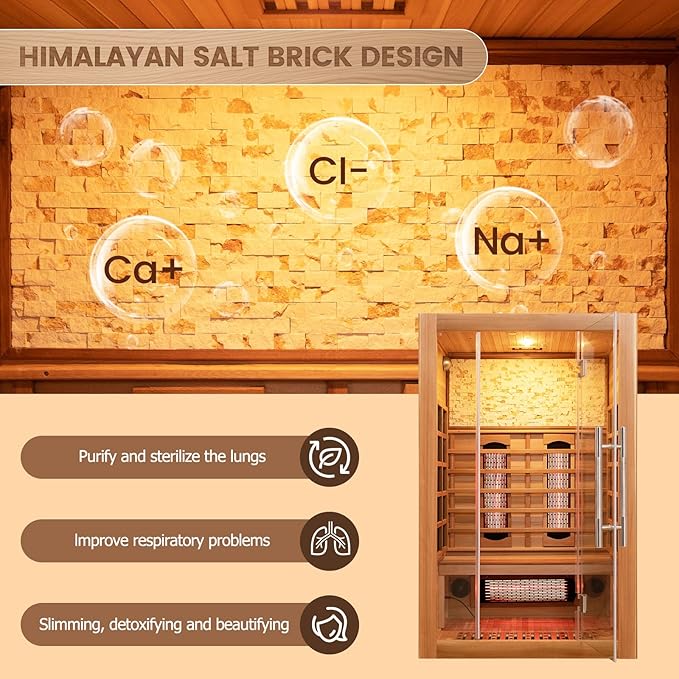 Full Spectrum Infrared Sauna, 2 Person Home Sauna 120V 1750W, Indoor Dry Sauna with Himalayan Salt Panel and LCD Touch Control Panel