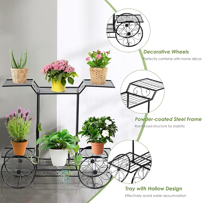 Safstar 6 Tiered Metal Plant Stand w/4 Decorative Wheels, Multilayer Flower Display Shelf for Home, Garden, Patio, Parisian Style Potted Plant Rack Holder