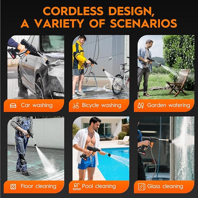 Cordless Pressure Washer, 6-in-1 Nozzle Portable Battery Powered Pressure Washer Handheld, Portable High Pressure Cordless Power Washer for Car/Floor/Patio Cleaning