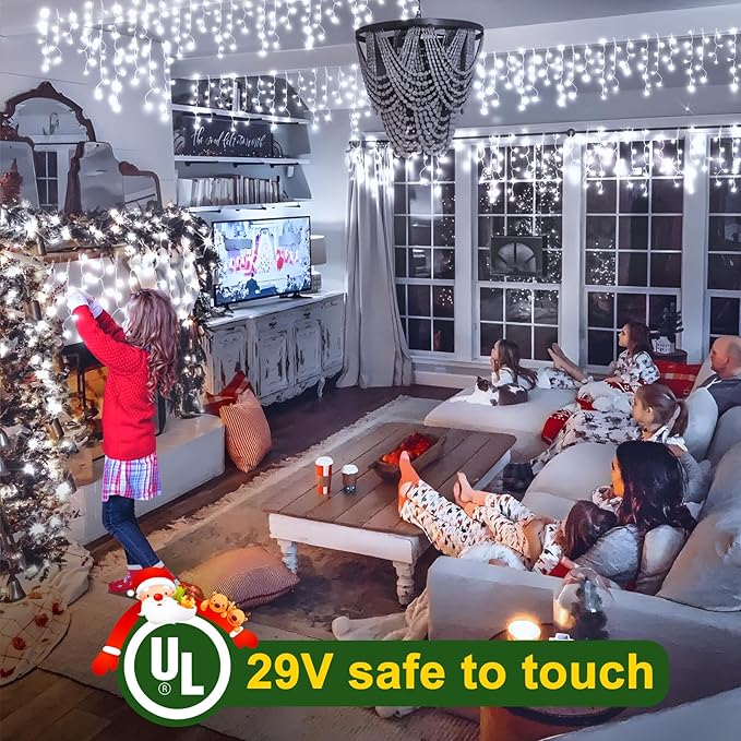 KNONEW Christmas Lights Outdoor Decorations 400 LED 33ft 8 Modes Curtain Fairy String Light with 75 Drops, Clear Wire LED String Light Decor for Wedding Party Holiday Christmas Decorations Cool White