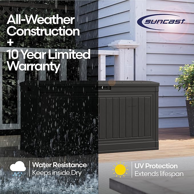 Suncast 80-Gal. Waterproof Resin Large Outdoor Patio Deck Box with Pad-Lockable Lid, Modern Outdoor Patio Bench/Storage Box for Cushions, Garden Tools, and More, Iron Ore