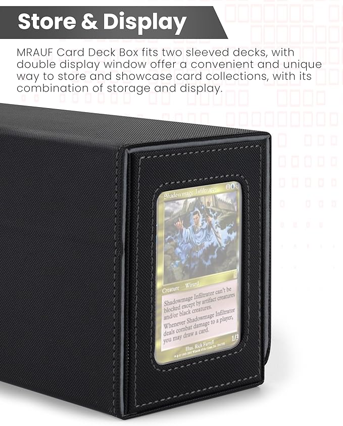 MRAUF MTG Deck Box with Double Commander Display and Dice Tray, Fits 200+ Double Sleeved Cards, Card Storage Box Plus 2 Magnetic Holders& 100Pcs Card Sleeves (Black)
