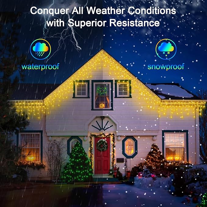 66ft LED Christmas Lights Outdoor with 140 Drops, Christmas Decorations Hanging Lights 490 LED 8 Lighting Modes, Outsite Fairy String Lights for House Xmas Wedding Party Holiday Decoration Warm White