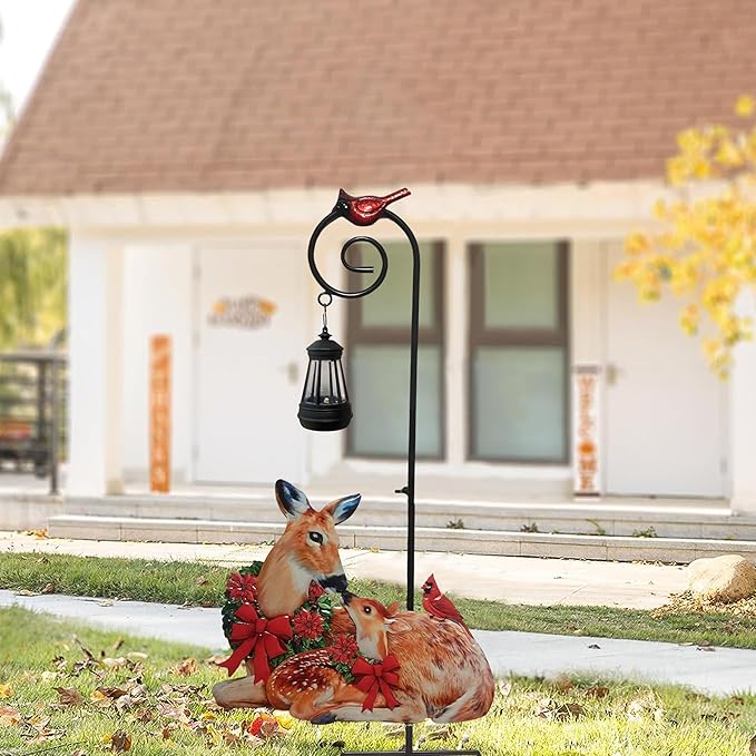 Solar Lights Reindeer Ground Stake Decor Metal Reindeer and Fawn Outdoor Sculptures Suitable for Outdoor Garden Courtyard and Lawn Christmas Decorations and Thanksgiving Gifts