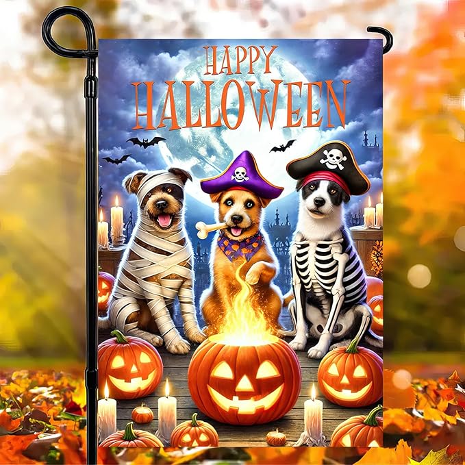 Happy Halloween Garden Flag Double Sided 12x18 Flag Halloween Puppy With Pumpkin And Bat Garden Flag Pirate Costumed Puppy For Autumn Winter Outdoor Yard Lawn Decoration Banner