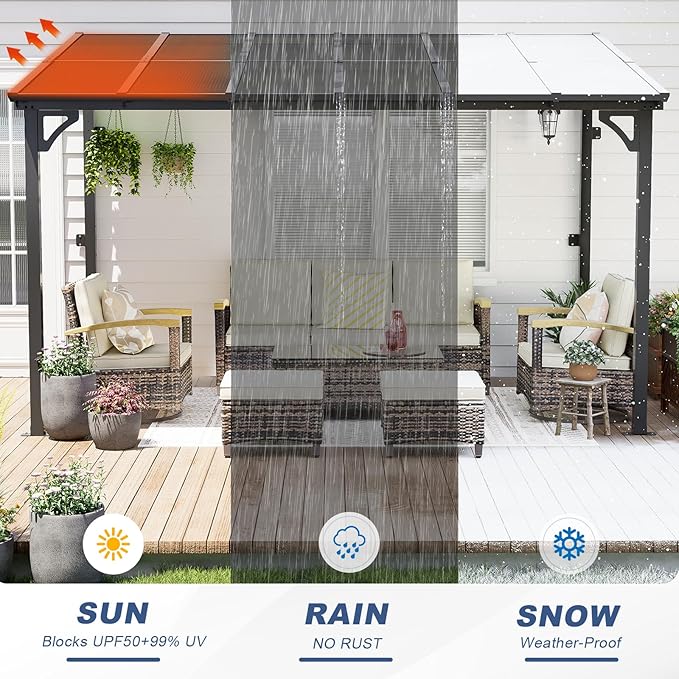 MEISSALIVVE 8' x 12' Wall Mounted Pergola, Lean to Metal Awnings, Sloped Roof Patio Gazebo Awning, Black