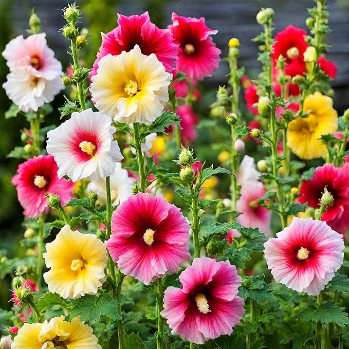 400+ Hollyhock Seeds: Vibrant Carnival Mix (Pink, Yellow, White) for Giant Blooms