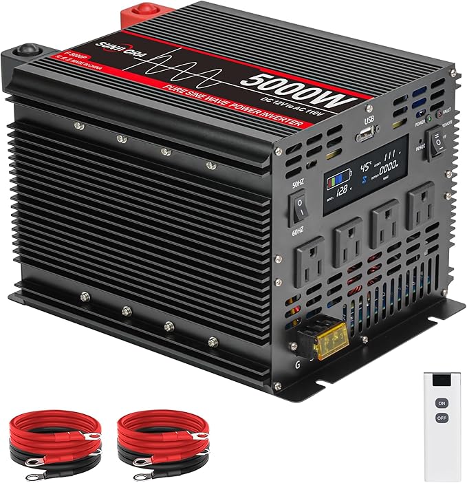5000 Watt Pure Sine Wave Power Inverter with LCD 12V DC to 110V/120V AC Peak Power 10000W Car Power Inverter with 4 AC Outlets & 1 USB Port & Remote Control for Truck RV Car Solar System