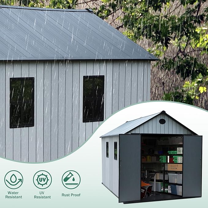 KIGOTY Outdoor Storage Shed, Weatherproof Tool Sheds Storage House with Lockable Doors, Windows and Sloping Roof, Outdoor Storage, Plastic Garden Shed for Backyard, Patio (7 X 9)