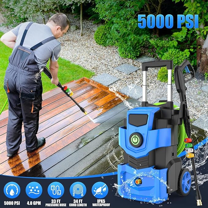 Professional Pressure Cleaner 5000 PSI,4.0 GPM Heavy Duty Power Cleaner with 4 Nozzles,Foam Cannon,33FT Hose and 500ml Soap Bottle for Home/Cars,Blue