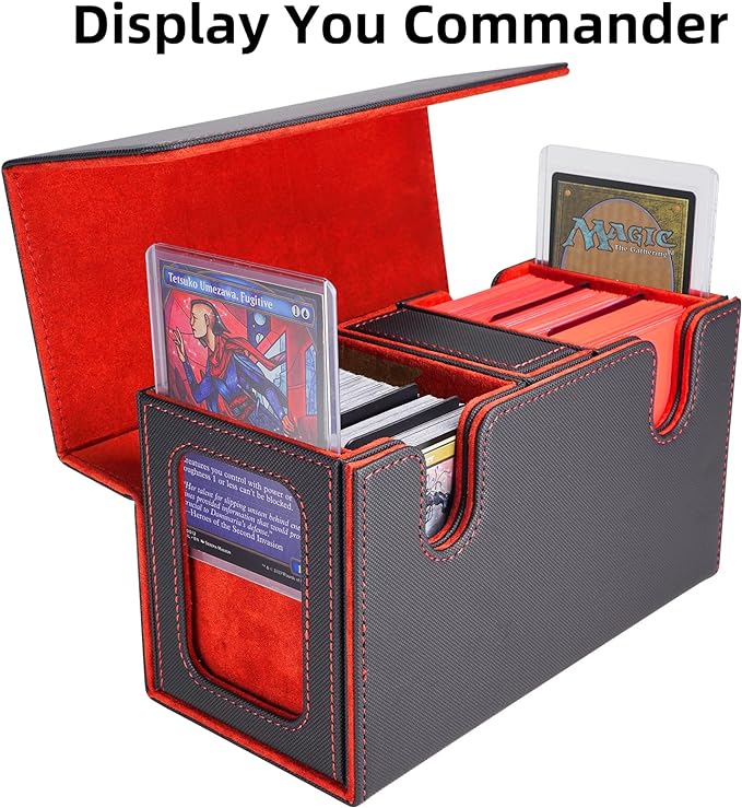 AFIING Mtg deck box with commander display- Fits 200 Double Sleeved Cards,3-in-1Card Deck Case,Strong Magnet Card Organizer For Magic Commander TCG CCG,4Dividers &2 Toploaders, Black/Red