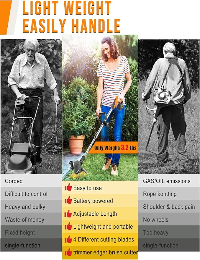 Electric Weed Wacker Cordless, 21V Battery Powered Weed Cordless Eater with 2 * 2.0Ah Batteries and Charger, 3 in 1 Stringless Grass Trimmer/Brush Cutter/Edger, 4 Types 26Pcs Blade for Garden Yard