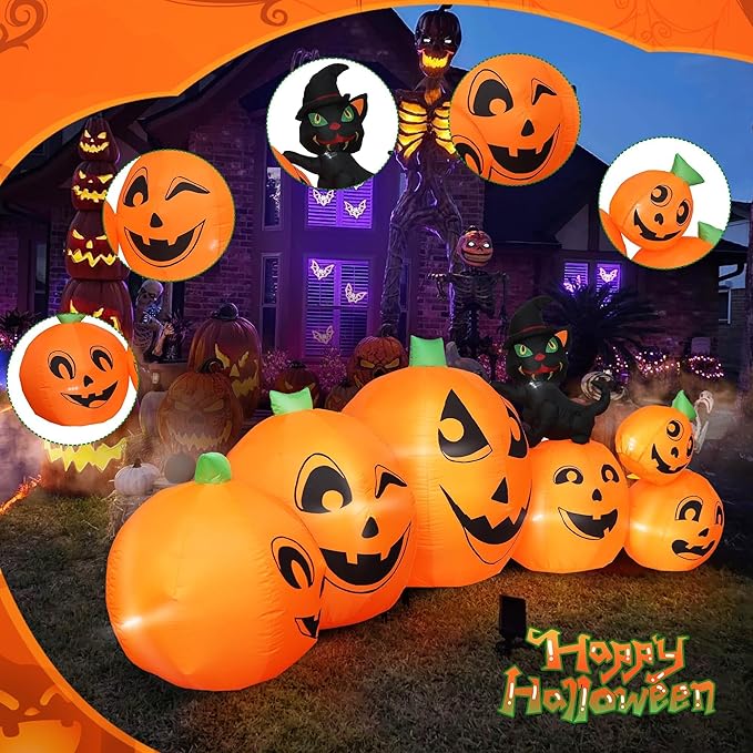 10FT Long Halloween Inflatable Pumpkin Patch with Black Witch's Cat, Giant Pumpkin Patch with Build-in LED Lights, Blow up Inflatable Decoration for Outdoor Large Party Yard Decoration