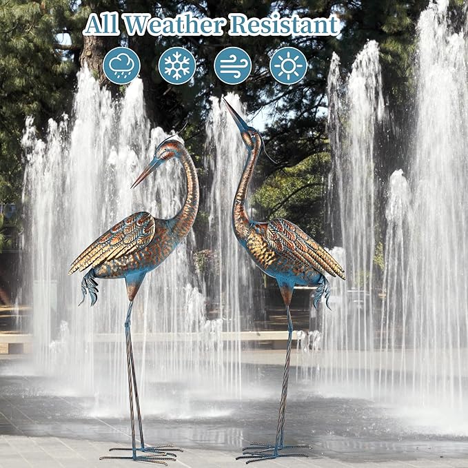 chisheen Garden Crane Statues Blue Heron Metal Yard Art Outdoor Decoration,Large Sculptures for Lawn Patio Porch,39-44 inch,Set of 2