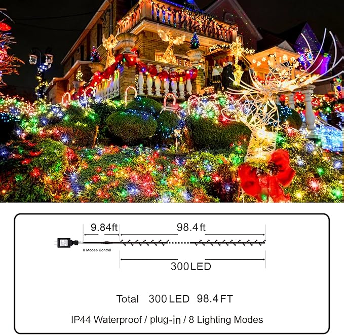 KNONEW Outdoor Christmas Lights 300 LED 99ft String Lights 8 Modes & Time Memory Fairy Light Plug in Waterproof LED String Lights for Xmas Yard Tree Wedding(Multicolor)