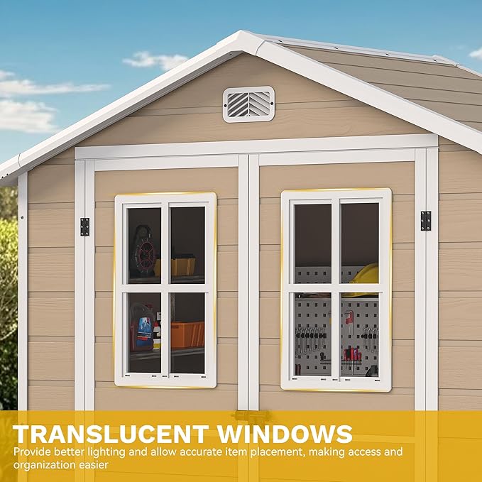 DWVO 6x4.4 FT Outdoor Storage Shed, Plastic Garden Tool Shed with 2 Windows, Double-Wall Outside Shed for Lawn Mower, Garden Tool for Backyard, Patio, Lawn, Lockable, Beige