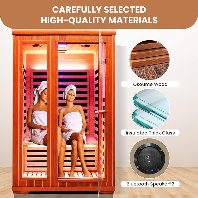 Sauna Infrared Sauna 2 Person Sauna Room Far Infrared for Sauna Home Indoor 1880W/110V Low-EMF Wood Okoume Dry Sauna Two Person Sauna with Air Hole, 7 Color Therapy, Speaker - 47.2 * 41.3 * 74.8 in