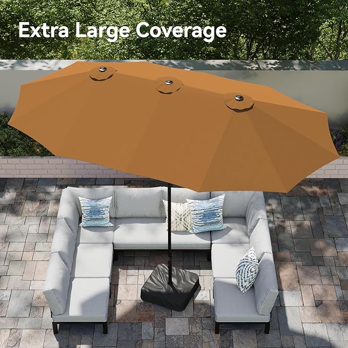 PHI VILLA 15ft Large Patio Umbrellas with Base, Outdoor Double-Sided Rectangle Market Umbrella for Pool Lawn Garden, Tawny