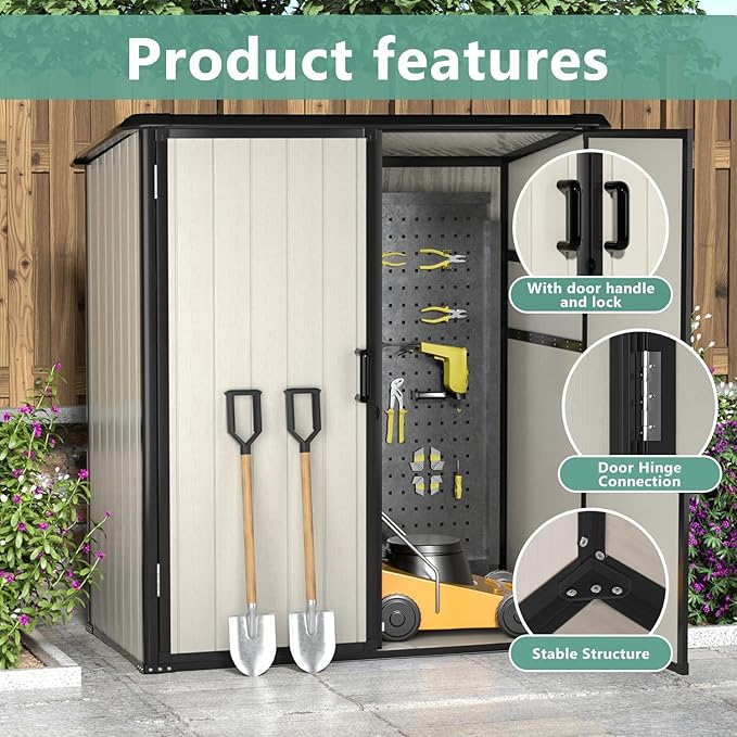 Aoxun Outdoor Storage Shed 5 x 3FT, Resin Shed with Floor and Lockable Door, Plastic Shed for Bike, Garbage Can, Tool, Accessories, Lawn, Garden - Beige
