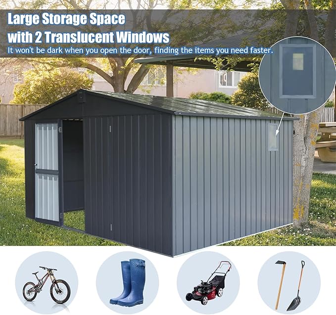 Backyard Storage Shed 11x9ft with Windows, Dark Gray Galvanized Steel Garden Shed - 630 Cu.Ft Outdoor Utility Shed, Lockable Double Doors & Sloped Roof for Patio