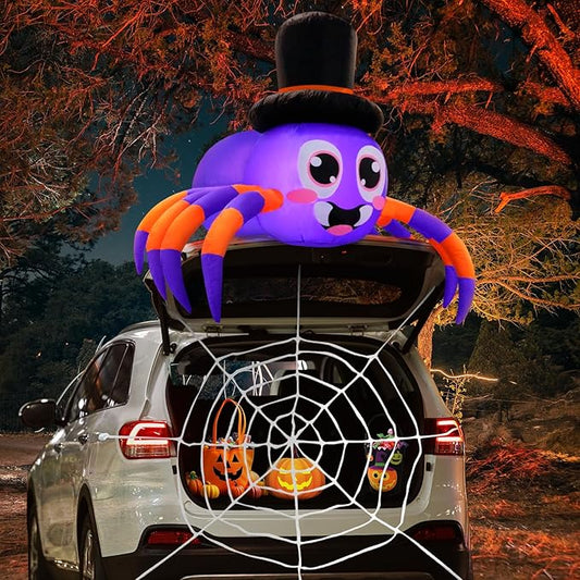 Trunk or Treat Car Decorations Kit, Halloween Decorations Outdoor Outside 5ft Inflatable Spider with Built-in LEDs, Trunk or Treat Decoration, Halloween Blow ups Yard Decoration Spider with Web