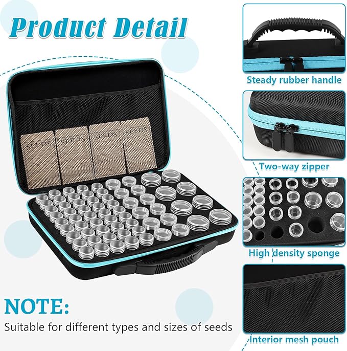 65 Slots Seed Storage Organizer with 20 Seed Envelopes, Sturdy Seed Organizer Box with Zipper Bag Label Stickers 3 Sizes Storage Bottles (Seeds not Included), Seed Storage Container for Flower Plants