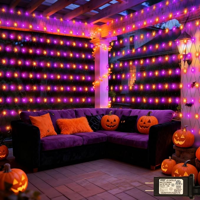Hallloween Net Lights Outdoor, 360LED 21ft x 5ft Purple Orange Mesh Lights with 8 Modes & Timer, Connectable Waterproof Christmas Light for Bushes Xmas Tree Wedding Party Garden Lawn