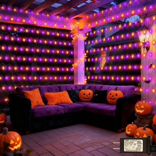 Hallloween Net Lights Outdoor, 360LED 21ft x 5ft Purple Orange Mesh Lights with 8 Modes & Timer, Connectable Waterproof Christmas Light for Bushes Xmas Tree Wedding Party Garden Lawn