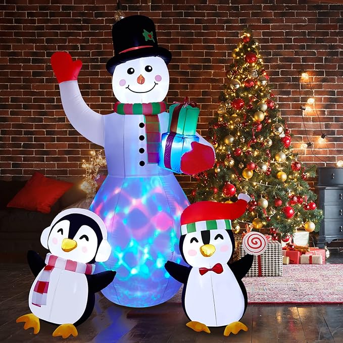 8FT Outdoor Inflatable Christmas Snowman Penguin Xmas Blow Up Decor with LED Lights