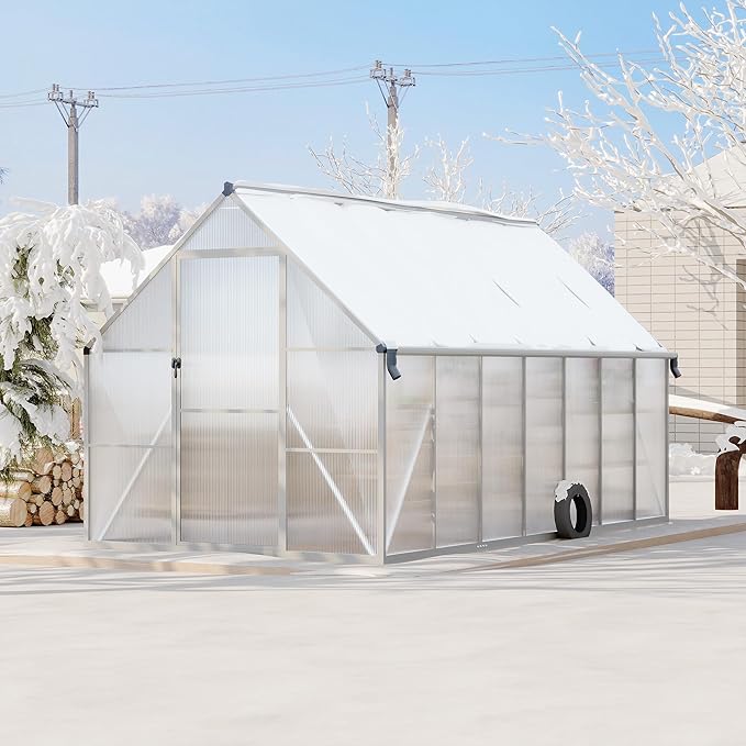 8X14 ft Polycarbonate Greenhouse with Aluminum Frame, Polycarbonate Greenhouse for Outdoors, Greenhouses with Ventilation and Rain Gutter, Aluminum Large Walk-in Greenhouses for Outside
