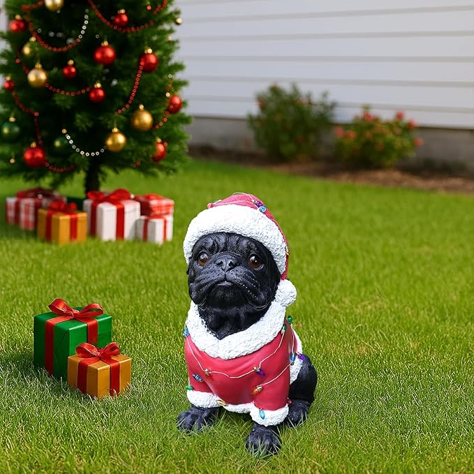 Christmas Outdoor Decoration Dog Statue, LED Light Cute English Bulldog Sculpture with Santa Outfit & Lights for Garden and Yard, Indoor Holiday Décor Gift for mom and dad