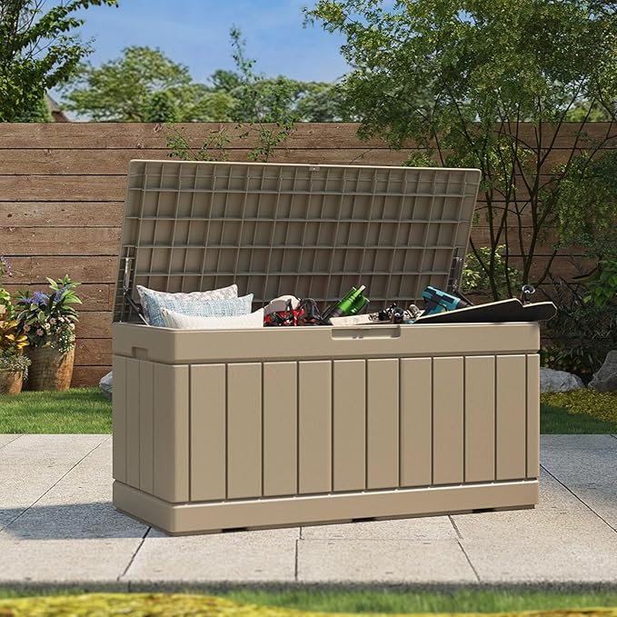 Patiolife 85 Gallon Resin Deck Box, Wood Like Outdoor Storage Box for Garden Tools, Pool Supplies, Waterproof and Lockable, Light Brown