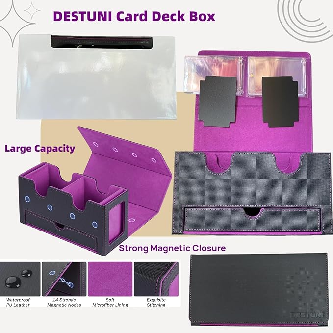 Card Deck Box for mtg – Fits 100+ Double-Sleeved Cards, Dual Commander Display with Dice Tray, PU Leather Organizer for TCG, CCG, Sports Cards (Black&Purple)