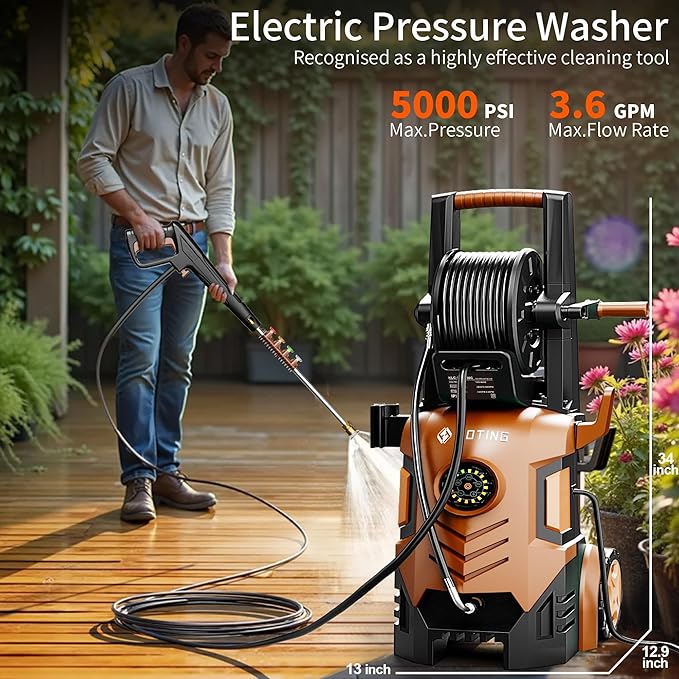 2025Upgraded Pressure Washer 5000PSI with Adj-8-Level Touch Screen, 34" Tall Power Washer, 4 Quick Connect Nozzles, Inlet Hose&Filter&500mlFoam Cannon for Cars/Fences/Driveways/Home Cleaning, Red